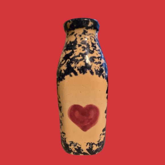Alpine Pottery Other - Alpine Pottery Roseville Ohio Blue Spongeware Heart Milk Bottle‎ Bud Vase 6 inch